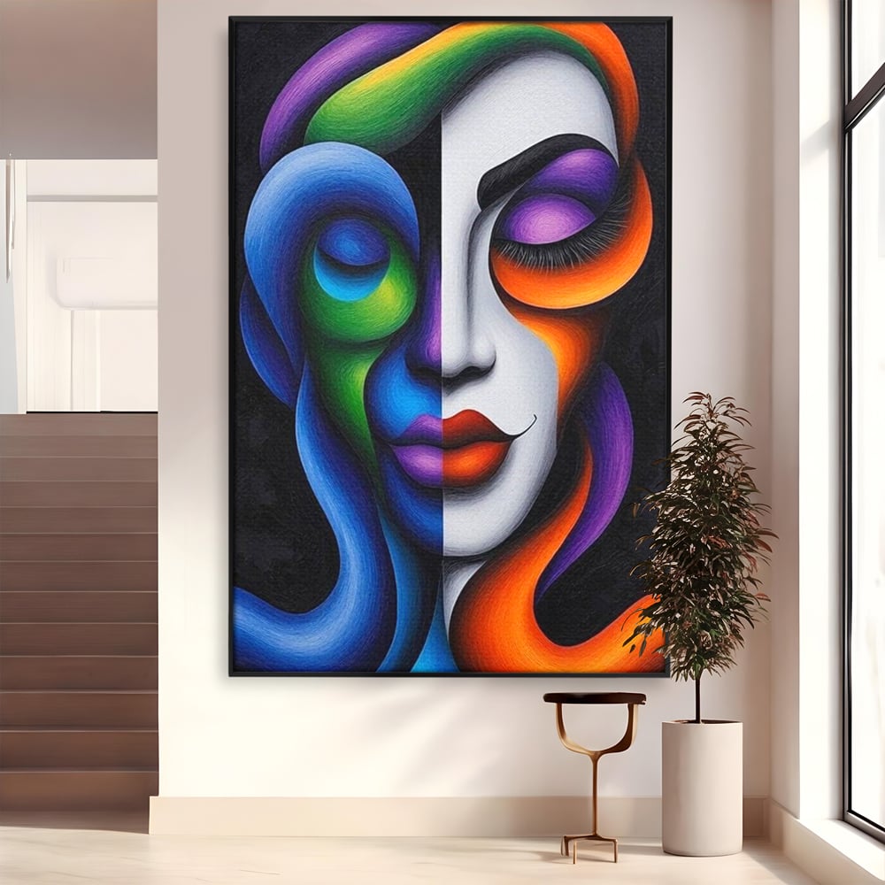 Tablou canvas cu portret abstract feminin bicolor, in rama de aluminiu negru